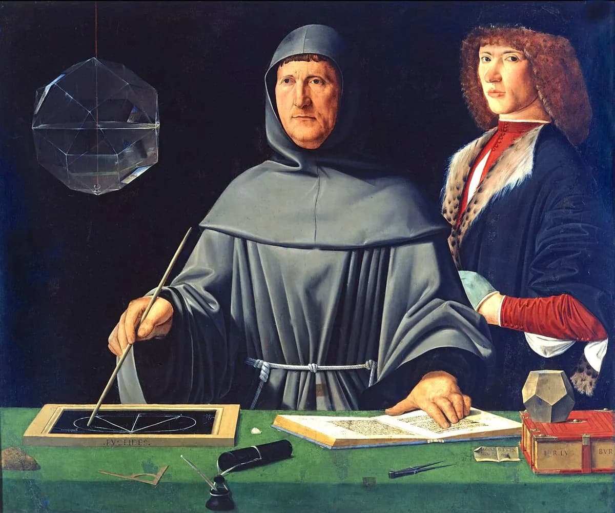 It shows Pacioli standing behind a table and wearing the habit of a member of the Franciscan order. He draws a construction on a board, the edge of which bears 