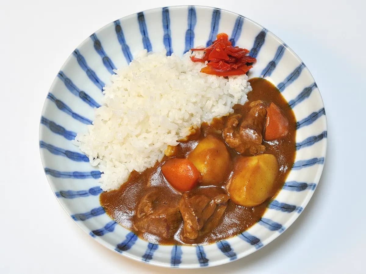 Typical home made Japanese curry rice with beef, onions, carrots and potatoes.
